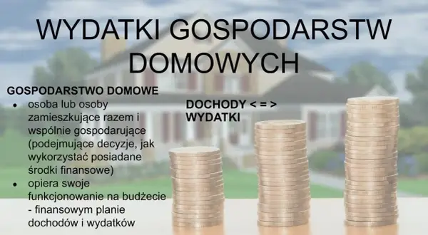 Wydatki gospodarstw domowych, dochody i wydatki. Stosy monet symbolizują finansową stabilność lub jej brak, co może być związane z recesją.