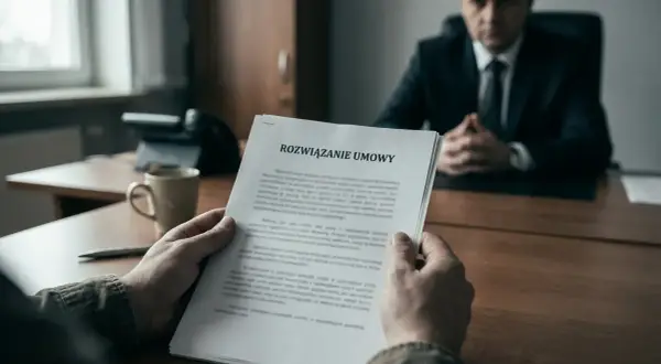 Rozwiązywanie umowy, art. 30 kp. Mężczyzna w garniturze siedzi przy biurku, trzymając dokument.