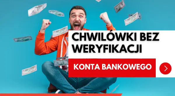 Radosny mężczyzna z uniesionymi rękami, wokół niego lecą banknoty. Szybka pożyczka bez sprawdzania zdolności kredytowej.