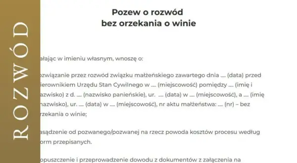 Pozew o rozwód bez orzekania o winie. Dokument zawiera dane dotyczące zawarcia związku małżeńskiego i wniosku o rozwiązanie go.
