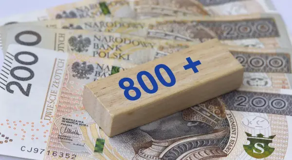 Drewniany klocek z napisem "800+" leży na polskich banknotach 200 zł.