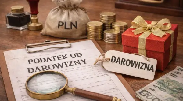 Dokument "Podatek od darowizny" obok prezentu, monet i worka z napisem PLN. To symboliczne przedstawienie podatku od wzbogacenia.