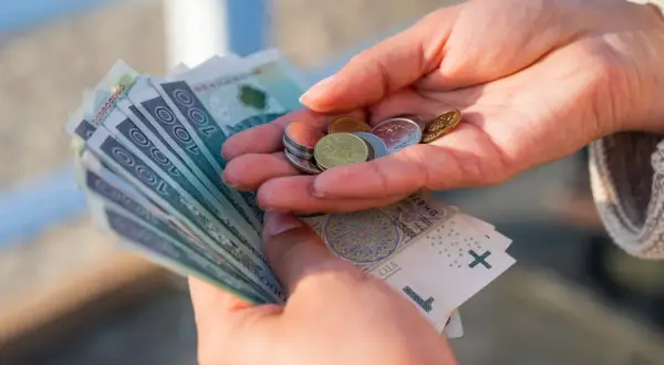 Dłonie liczą pieniądze, symbolizując oszczędności na przyszłość, być może związane z wiekiem emerytalnym kobiet.