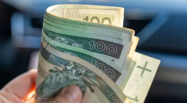 Dłoń trzyma zwitek polskich banknotów 100 zł. Może to być pomoc finansowa, np. zasiłek pielęgnacyjny po orzeczeniu o niepełnosprawności.