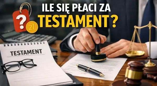 Pytanie o koszt testamentu notarialnego. Na biurku notariusza dokument, pieczęć, waga sprawiedliwości i młotek.