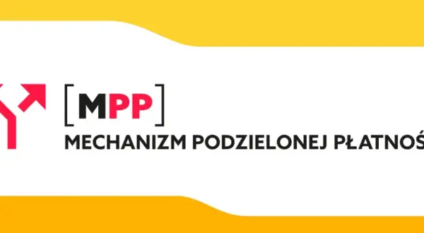 Symbol rozchodzących się strzałek i napis [MPP] MECHANIZM PODZIELONEJ PŁATNOŚCI. Dowiedz się, od jakiej kwoty obowiązuje.