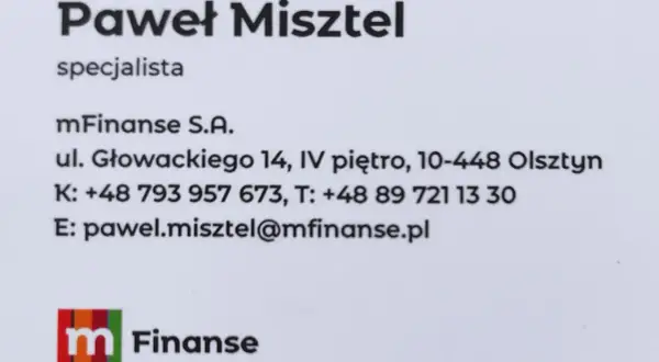 Wizytówka Pawła Misztela, specjalisty mFinanse S.A. z Olsztyna.