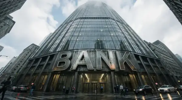 Imponujący budynek banku z napisem "BANK". Czy to tutaj płaci się podatek od przelewu od znajomego?
