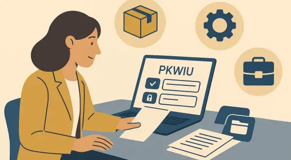 Kobieta przy laptopie z napisem PKWIU uczy się, jak zapłacić podatek. Ikony symbolizują biznes i dokumenty.
