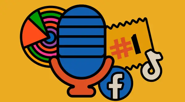 Mikroprzedsiębiorca buduje swoją markę: mikrofon, wykresy, #1, Facebook i TikTok.
