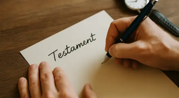 Ręka pisze długopisem słowo "Testament" na kartce. Obok leży zegarek.