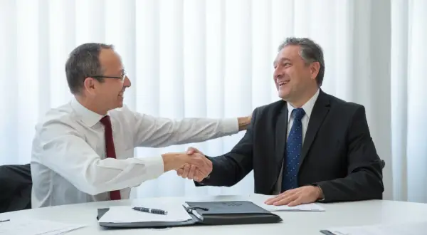 Dwóch mężczyzn w garniturach ściska sobie dłonie, symbolizując pomyślne zakończenie negocjacji i podpisanie umowy kredytowej.