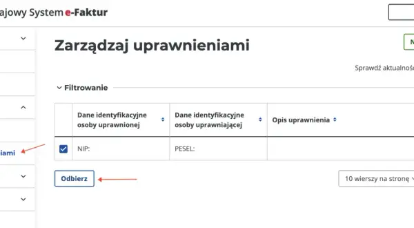 Widok formularza zaw-fa do zarządzania uprawnieniami. Można tu odebrać lub nadać uprawnienia, a także przeglądać listę faktur.