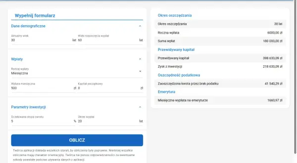 Kalkulator IKE pokazuje, że przy wpłacie 500 zł miesięcznie, zysku 5% rocznie i 30 latach oszczędzania, przewidywany kapitał wyniesie ponad 398 tys. zł.