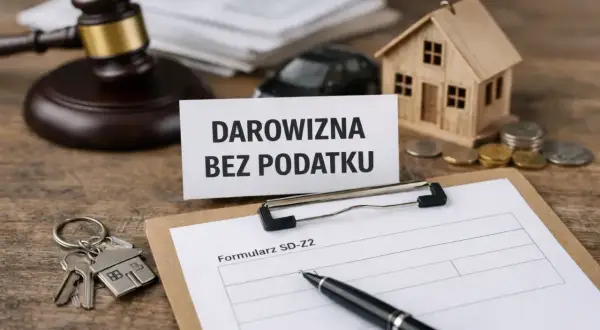 Na stole leży dokument "Darowizna bez podatku", obok młotek sędziowski, klucze do domu, model domu, monety i formularz SD-Z2.