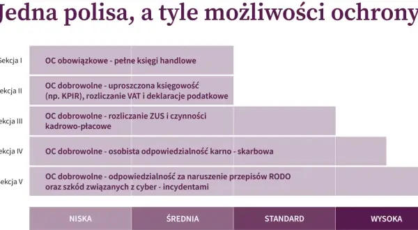 Tabela przedstawia różne rodzaje OC: obowiązkowe i dobrowolne (np. do księgowości, ZUS, RODO, cyber).