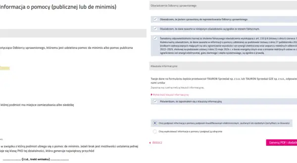 Formularz informacji o pomocy de minimis, dane identyfikacyjne odbiorcy, oświadczenia i klauzula informacyjna.