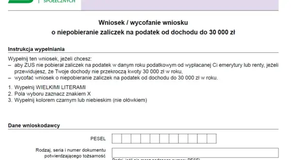 Formularz ZUS EPD-21: wniosek o niepobieranie zaliczek na podatek od dochodu do 30 000 zł. Instrukcja wypełniania i dane wnioskodawcy.