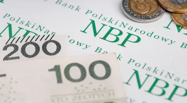 Polskie banknoty 100 i 200 zł oraz monety na tle dokumentu NBP. Symbolizują finanse, w tym odsetki od zaległości podatkowych.