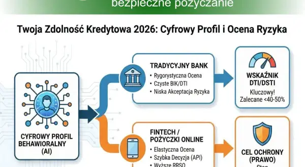 Schemat porównujący tradycyjny bank i fintech pod kątem oceny zdolności kredytowej i ryzyka.