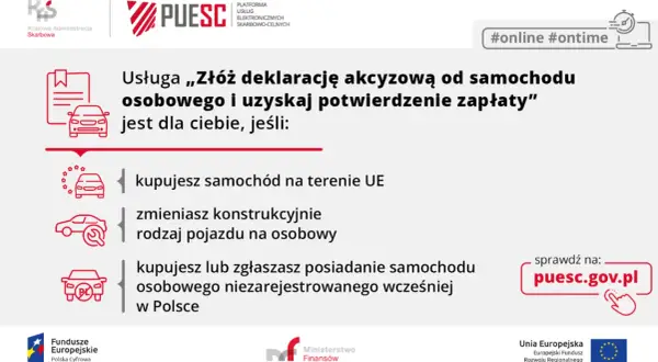Złóż deklarację akcyzową za samochód osobowy online na PUESC. Dotyczy zakupu auta w UE, zmian konstrukcyjnych lub zgłoszenia pojazdu niezarejestrowanego.