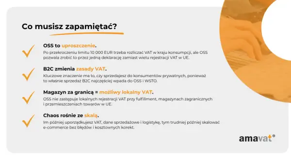 OSS upraszcza rozliczanie VAT po przekroczeniu 10 000 EUR. Kluczowe dla sprzedaży B2C. Magazyn za granicą = lokalny VAT.