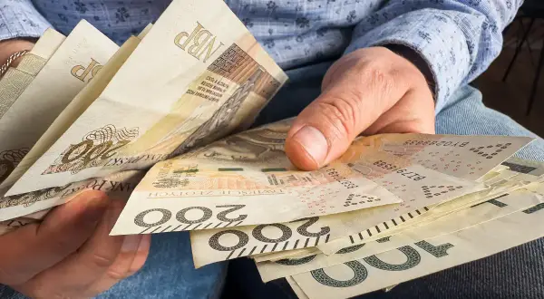 Ręce trzymające polskie banknoty 100 i 200 zł. Czy 800 plus wlicza się do dochodu?
