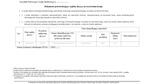Dokument potwierdzający zapłatę akcyzy po VIN. Tabela zawiera dane identyfikujące samochód, w tym numer VIN, markę, model, rok produkcji i pojemność silnika.