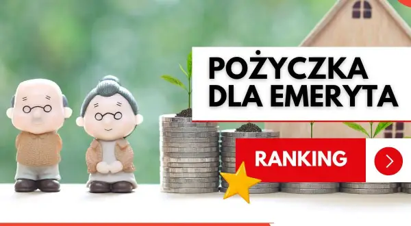 Figurki emerytów obok stosów monet i domku. Napis "Pożyczka dla emeryta" i "Ranking". Szukasz pozyczka bez bik?