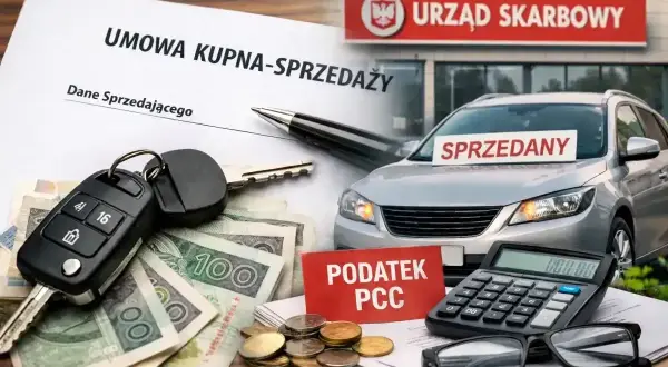 Umowa kupna-sprzedaży auta, kluczyki, pieniądze i kalkulator obok znaku Urzędu Skarbowego. Podatek PCC od kupna samochodu online.