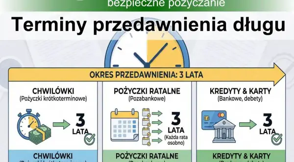 Grafika wyjaśnia terminy przedawnienia długu: chwilówki, pożyczki ratalne i kredyty/karty mają 3 lata na przedawnienie.