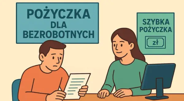 Mężczyzna czyta dokumenty, szukając pożyczki na dowód bez zaświadczeń dla bezrobotnych. Kobieta za biurkiem oferuje szybką pożyczkę.