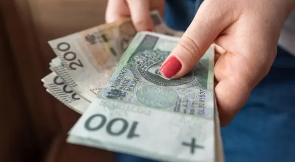 Dłonie trzymają stos polskich banknotów 100 i 200 zł. Może to być przygotowanie do przelewu podatkowego lub innej płatności.