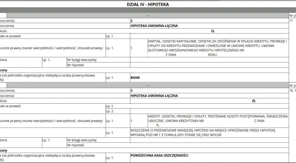 Fragment dokumentu z wpisami dotyczącymi hipotek umownych, z polami na numery, rodzaje i sumy hipotek.