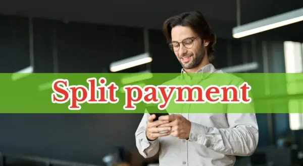 Mężczyzna z telefonem, na zielonym tle napis "Split payment". To może być związane z załącznikiem nr 15 do ustawy o VAT.