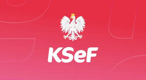 Biały orzeł na czerwonym tle, logo KSeF. Dyskutuje się o ksef odroczenie.