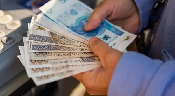 Ręce trzymają polskie banknoty. Czy to dodatek do emerytury za urodzenie 2 dzieci?