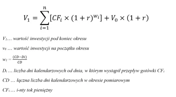 Wzór na wartość inwestycji V1, uwzględniający przepływy pieniężne CFi i stopę zwrotu r.