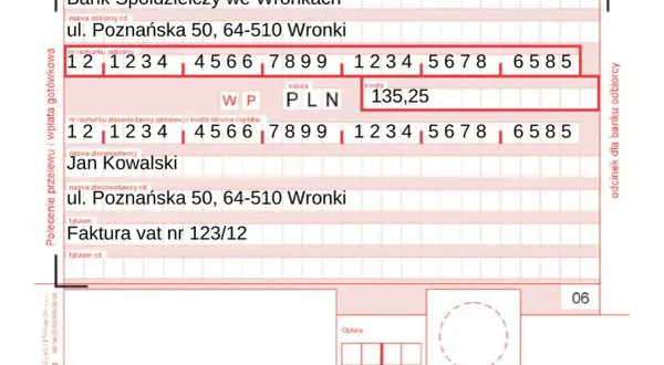 Przelew na kwotę 135,25 PLN do Banku Spółdzielczego we Wronkach, ul. Poznańska 50. Jak zapłacić mandat? Wypełnij ten druk.