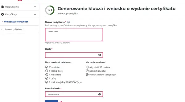 Formularz wniosku o certyfikat KSeF: nazwa, hasło i powtórzone hasło.