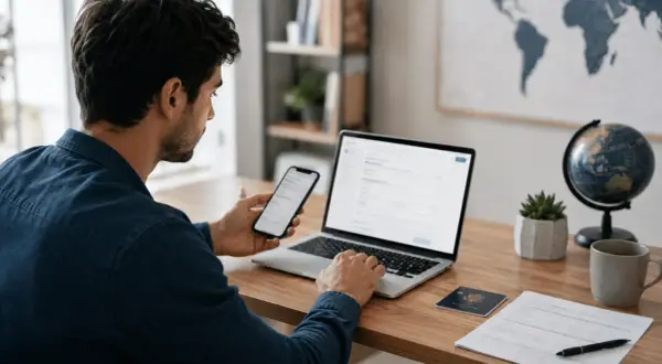 Mężczyzna pracuje przy laptopie, trzymając telefon. Na biurku leży paszport, dokumenty i globus. Może sprawdza swój numer SWIFT.