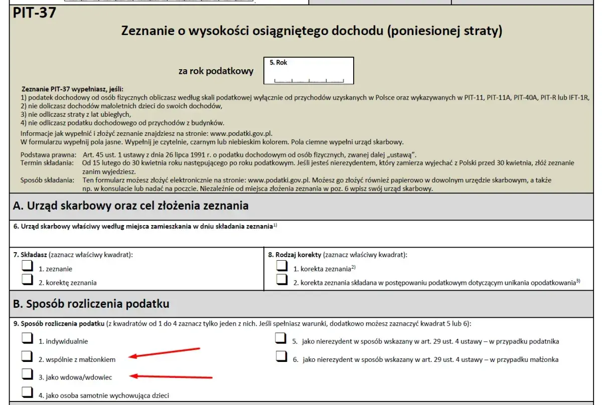Formularz PIT-37. Czy osoba do 26 roku życia musi składać PIT? Tak, jeśli spełnia warunki. Zaznacz sposób rozliczenia: indywidualnie, z małżonkiem, jako wdowa/wdowiec lub samotnie wychowująca dzieci.