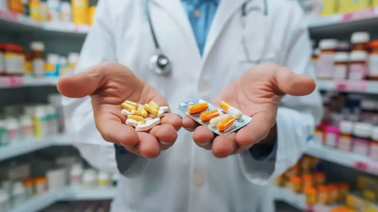 Farmaceuta pokazuje leki w dłoniach, sugerując możliwość refundacji.