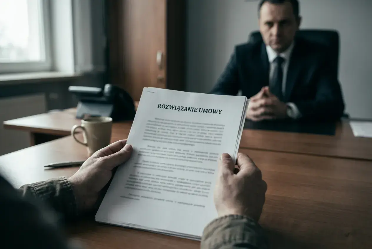 Rozwiązywanie umowy, art. 30 kp. Mężczyzna w garniturze siedzi przy biurku, trzymając dokument.