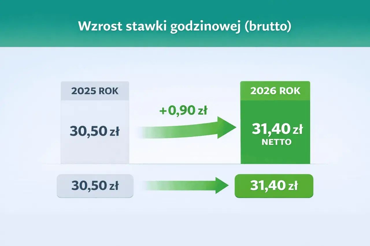 Wzrost stawki godzinowej brutto z 30,50 zł w 2025 r. do 31,40 zł w 2026 r. Umowa zlecenie z nową stawką.