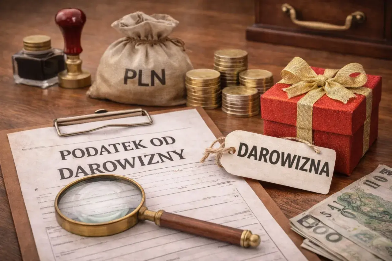 Dokument "Podatek od darowizny" obok prezentu, monet i worka z napisem PLN. To symboliczne przedstawienie podatku od wzbogacenia.
