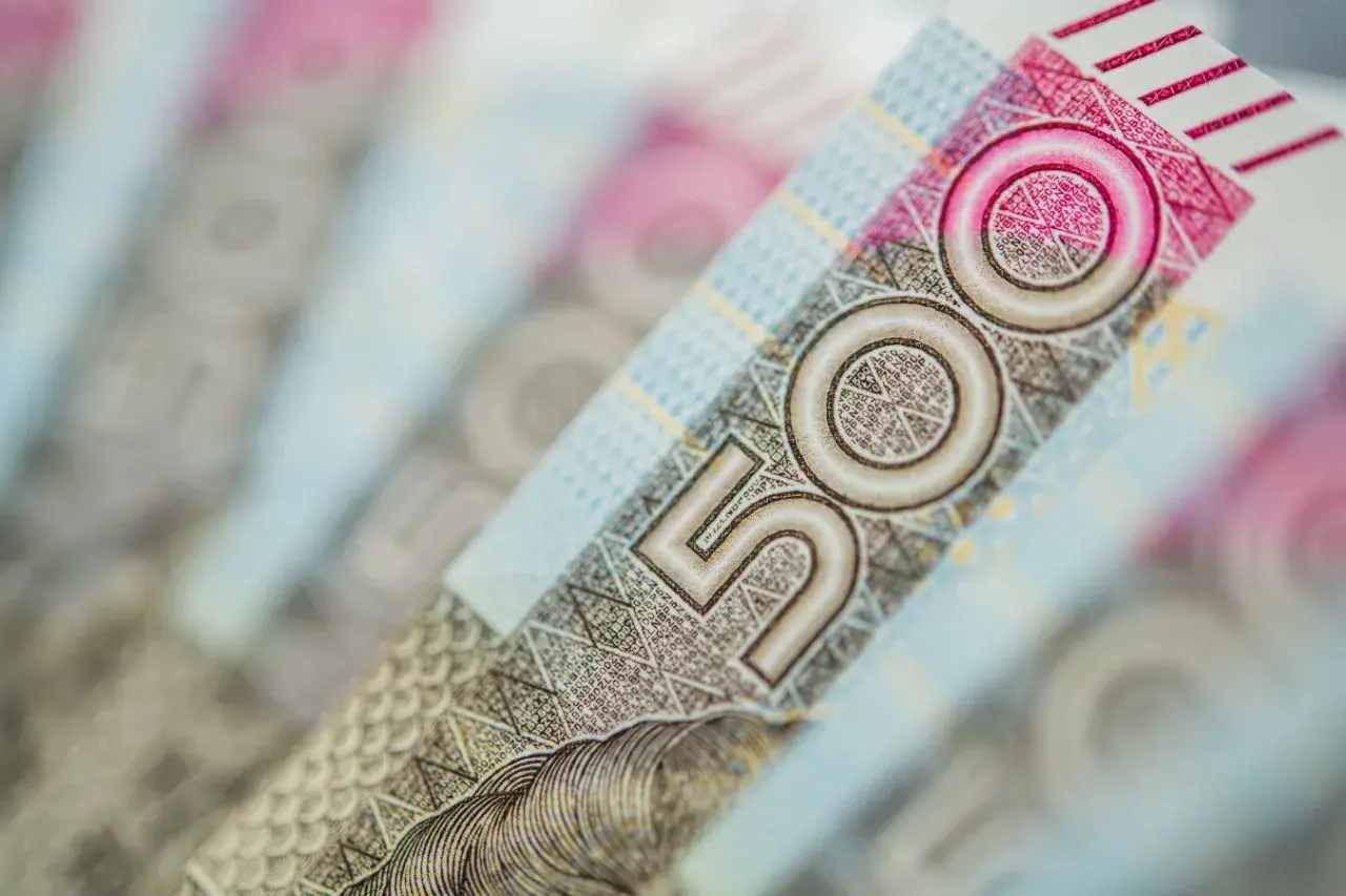 Zbliżenie na banknot 500 zł, czyli popularnego "kosiniaka". Widać fragmenty z cyframi i wzorami.