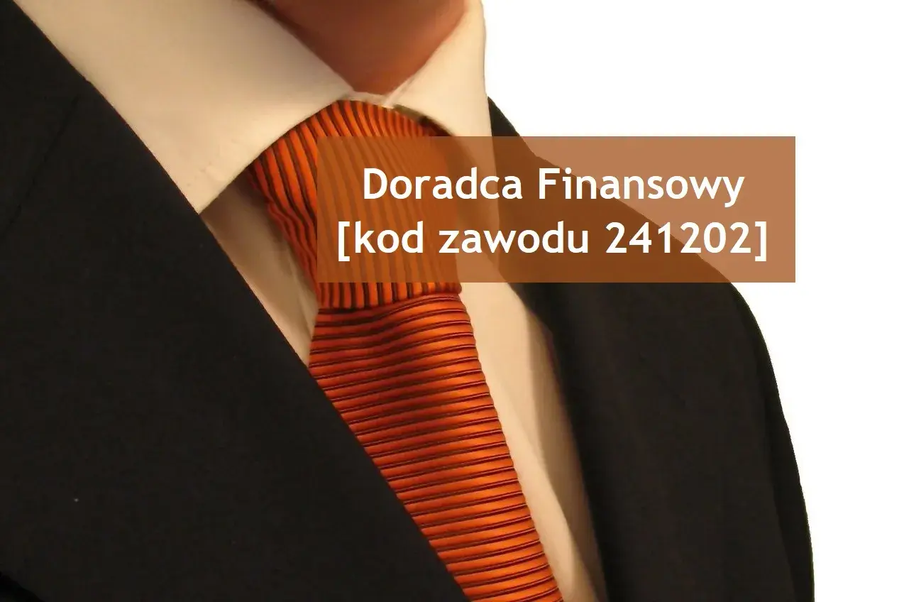Zbliżenie na krawat i kołnierzyk koszuli, z tekstem "Doradca Finansowy [kod zawodu 241202]".