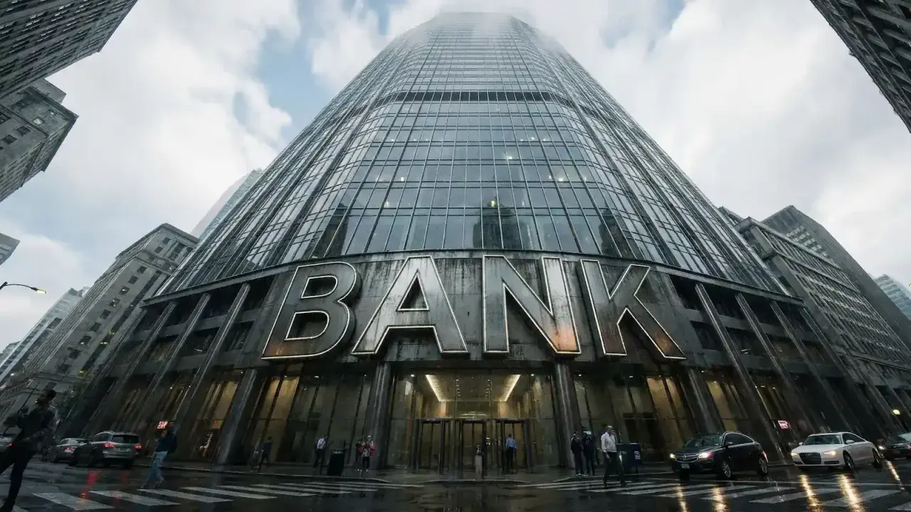Imponujący budynek banku z napisem "BANK". Czy to tutaj płaci się podatek od przelewu od znajomego?