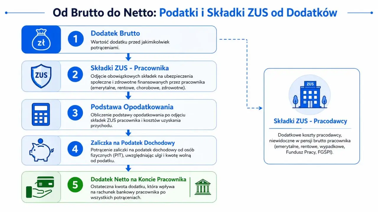 Schemat pokazuje, jak obliczyć dodatek netto. Od dodatku brutto odejmuje się składki ZUS pracownika i zaliczkę na podatek.